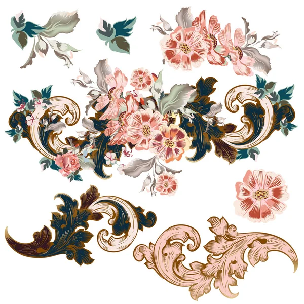 Conjunto Vectores Ornamentos Barrocos Con Flores — Archivo Imágenes Vectoriales