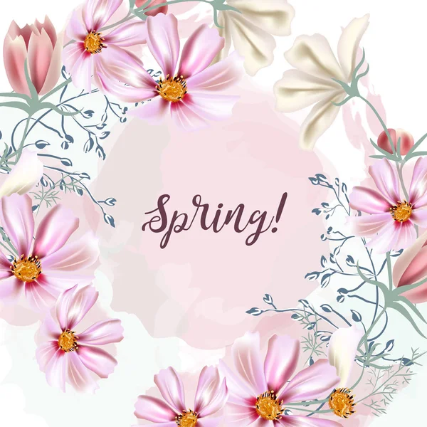Niedlichen Vektor Frühling Illustration Mit Rosa Kosmos Blumen — Stockvektor
