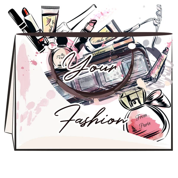 Moda Ilustración Vector Bolsa Llena Cosas Maquillaje Lápiz Labial Crema — Archivo Imágenes Vectoriales