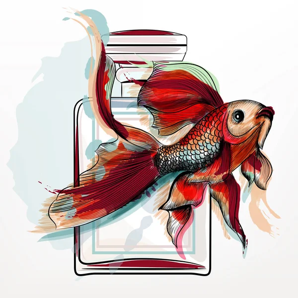 时尚插图与香水玻璃瓶和金鱼在水彩画风格 — 图库矢量图片