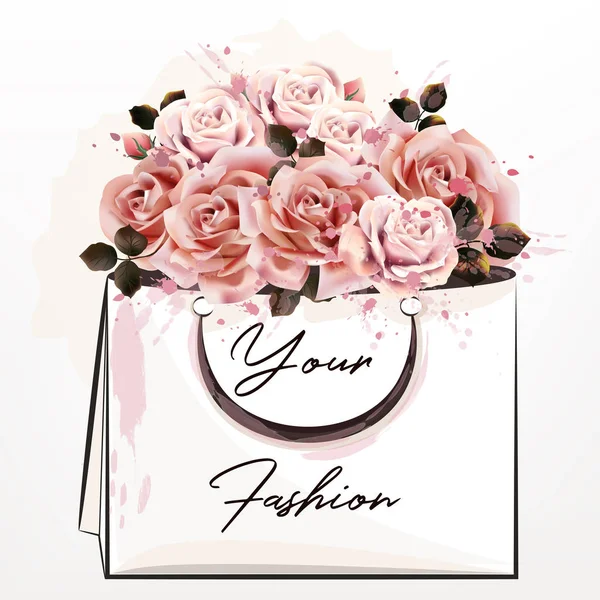 Illustration Mode Avec Roses Roses Pack Shopping — Image vectorielle