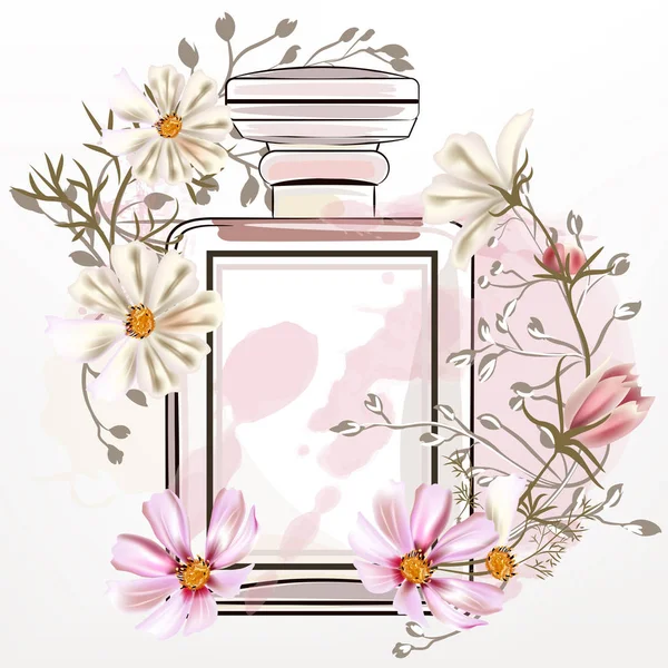 Ilustración Moda Con Botella Vidrio Perfume Rosa Flores Cosmos Estilo Ilustración De Stock