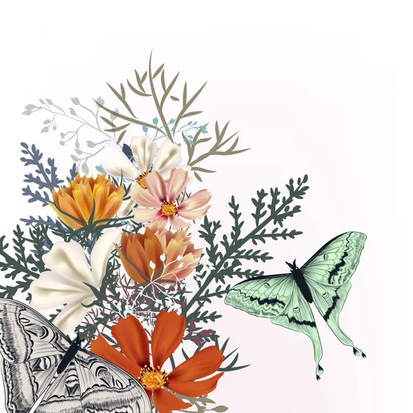 Μόδα Άνοιξη Φόντο Cosmos Λουλούδια Και Πεταλούδες — Διανυσματικό Αρχείο