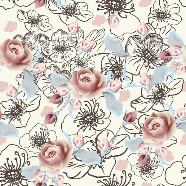 Motif Vectoriel Mode Avec Des Fleurs Roses Dans Style Vintage — Image vectorielle