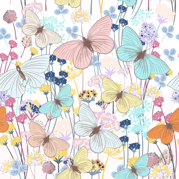 Moda Kwiatowy Wzór Motyle Rośliny — Wektor stockowy