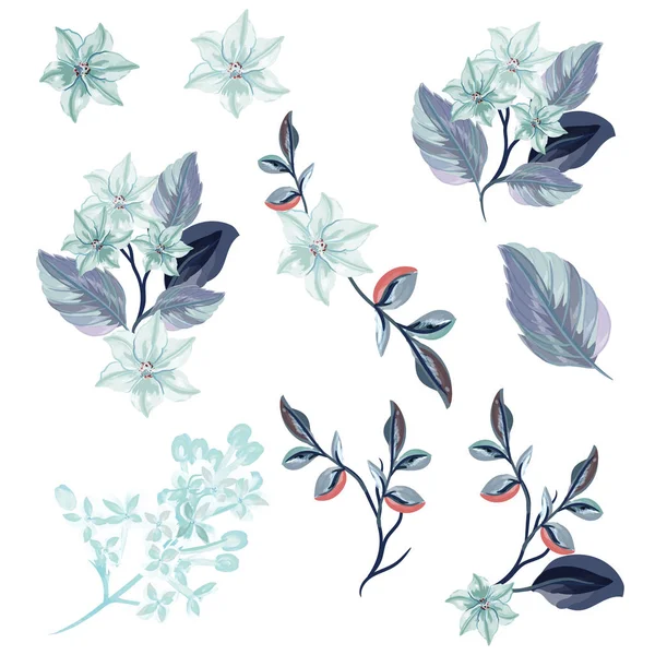 Verzameling Van Vector Bloemen Aquarel Stijl Blauwe Kleur — Stockvector