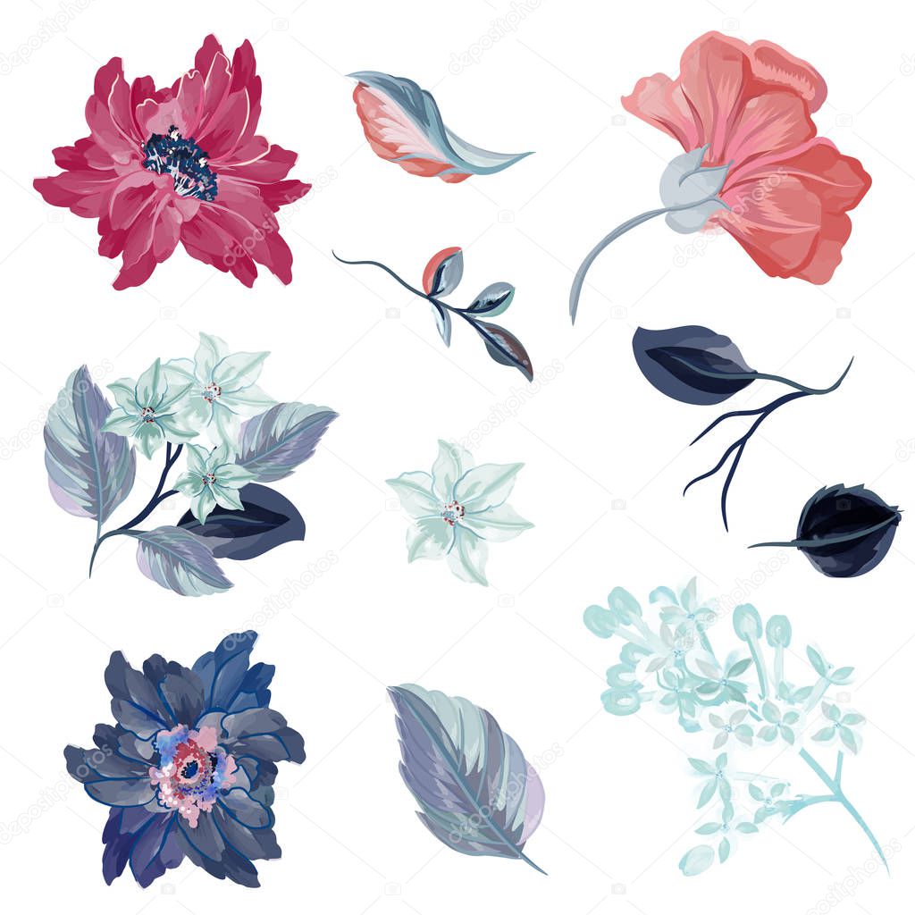 Collection of vector flowers in watercolor style