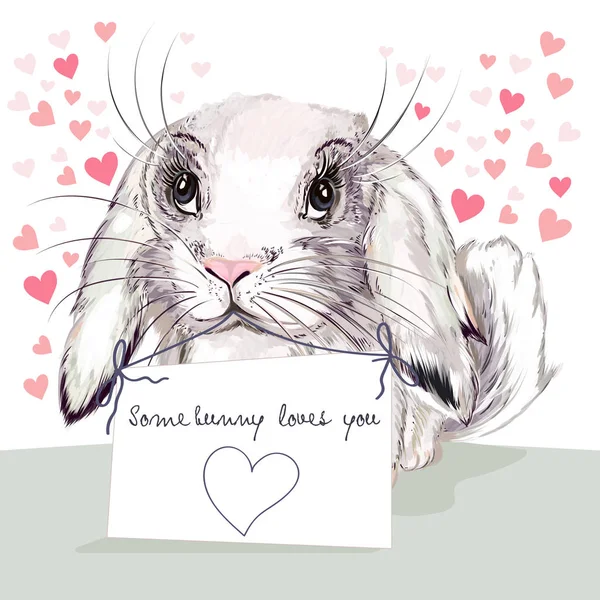 Roztomilý Valentine Láska Blahopřání Docela Bunny Růžové Srdce — Stockový vektor