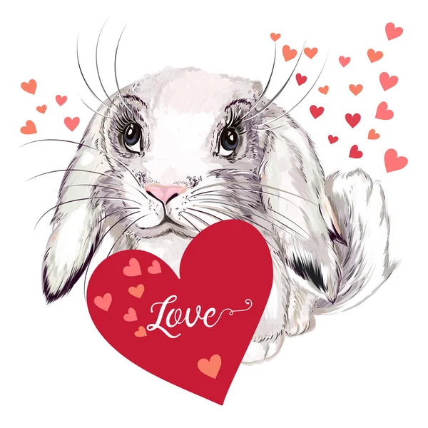 Valentine Love Greeting Card Pretty Bunny Red Hearts — Stock Vector