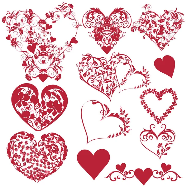 Gran conjunto de corazones de remolino de vectores rojos para el diseño en estilo vintage — Archivo Imágenes Vectoriales