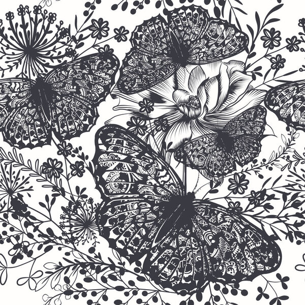 Fashion hand drawn engraved pattern with botanical floral and bu