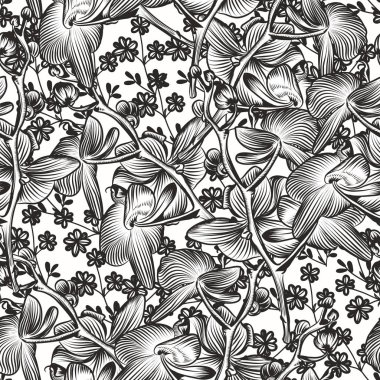 Moda el çekilmiş oyulmuş desenle orkide ve çiçekler