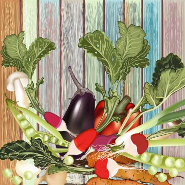 Organik el vektör sebze ahşap grunge arka plan üzerinde çekilmiş.