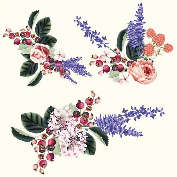 Коллекция векторных винтажных цветов роз в букетах — стоковый вектор