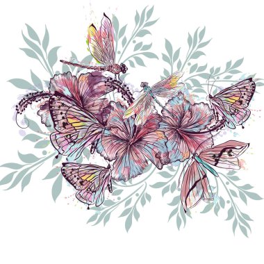 Moda vektör çiçek tasarım hibiscus çiçek nad dragonfli üzerinden