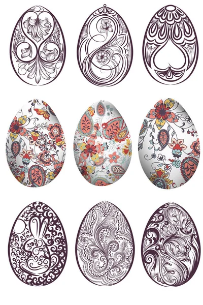 Grande serie di uova di Pasqua vettoriali decorate con turbinii — Vettoriale Stock