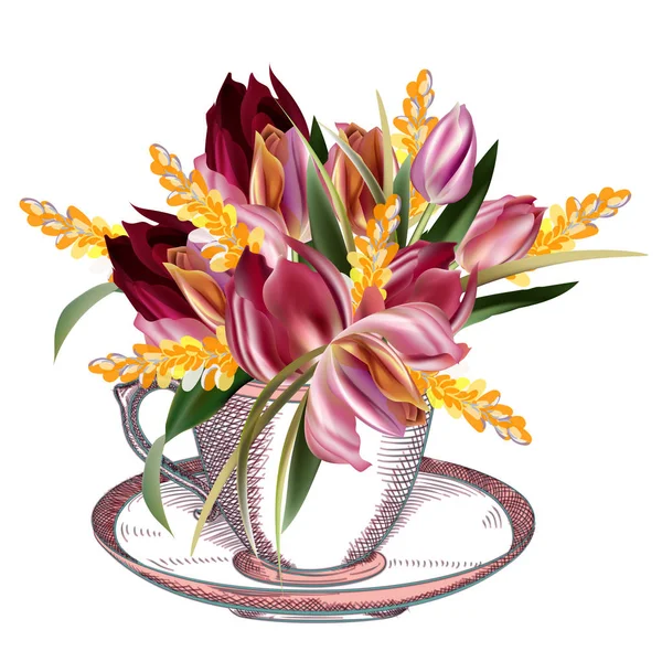 Tasse de thé avec des tulipes vectorielles de fleurs de printemps, tea party — Image vectorielle