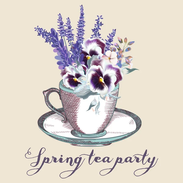 Чашка чаю з весняними квітами, вечірка чаю — стоковий вектор