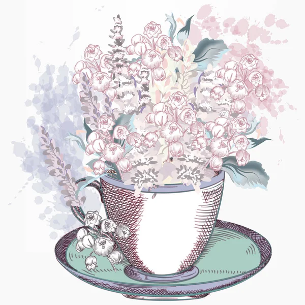 Mode vektorillustration med vintage cup och vårblommor — Stock vektor