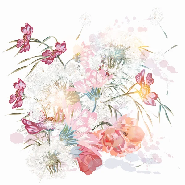 Florale botanische Illustration mit rosa Blüten und Pflanzen — Stockvektor