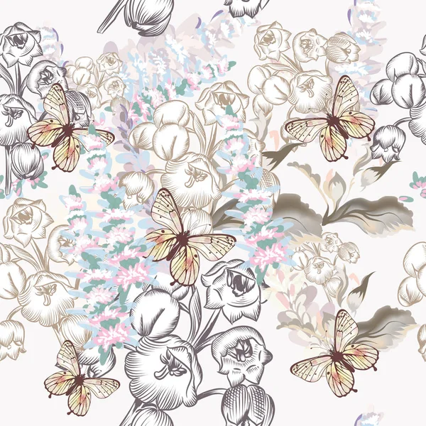 Απρόσκοπτη φλοράλ με ελατήριο μπορεί λουλούδια και πεταλούδες — Διανυσματικό Αρχείο
