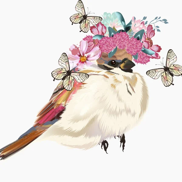 Illustration de printemps vectoriel floral avec fleurs de champ et oiseau — Image vectorielle