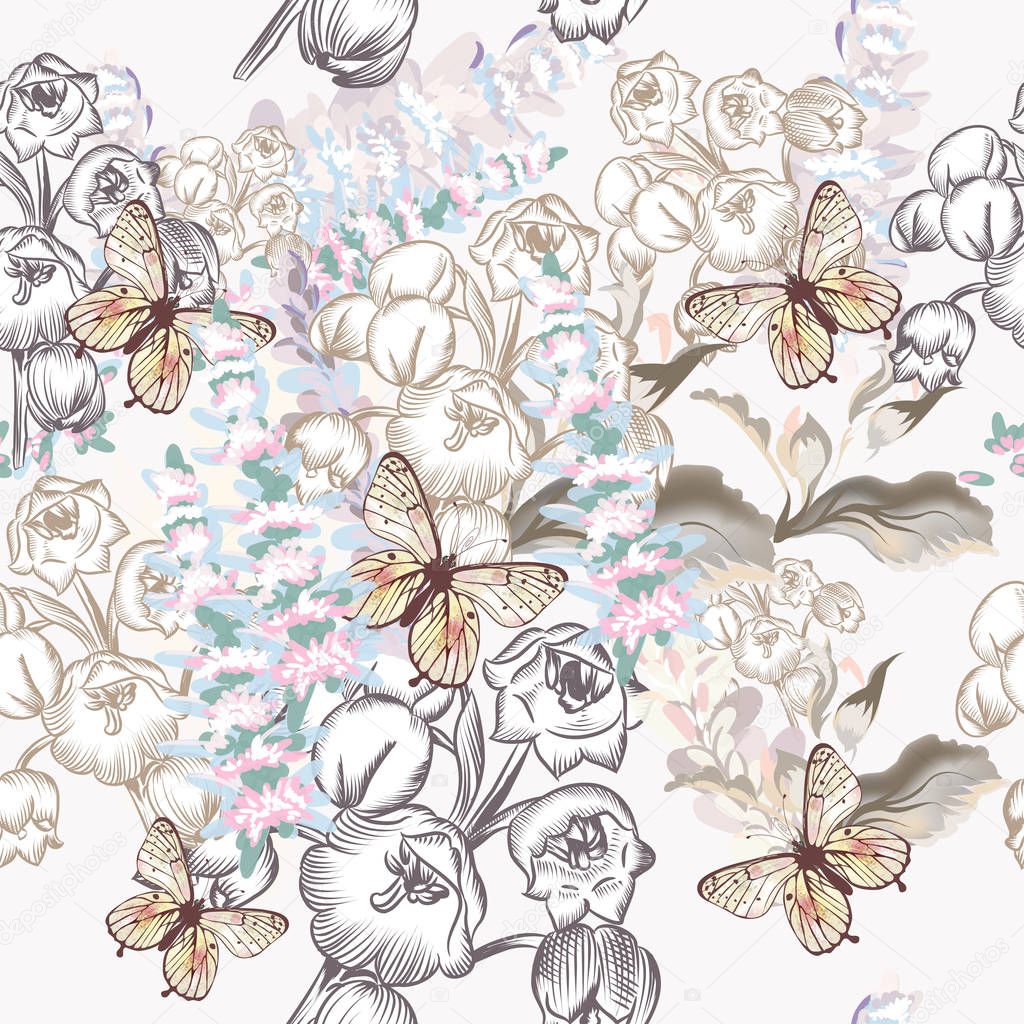 Floral seamless pattern with spring may  flowers and butterflies