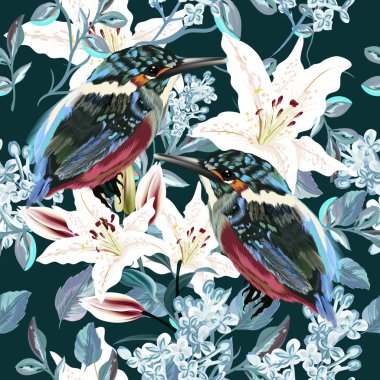 Vektör desen tropikal egzotik kuşlar ve çiçekler