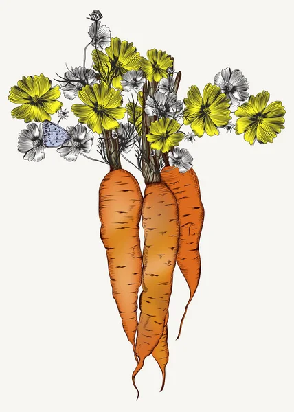 Illustration botanique de mode avec carotte et fleurs — Image vectorielle