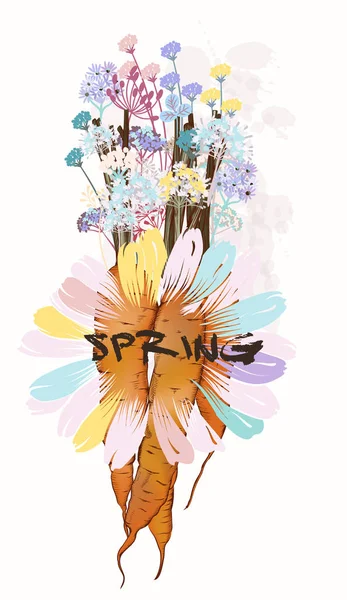 Fashion spring illustration with carrot and field pastel bright — Stock Vector