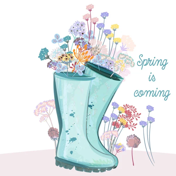 Mode Frühling Illustration mit grünen Gummistiefeln und Blumen — Stockvektor