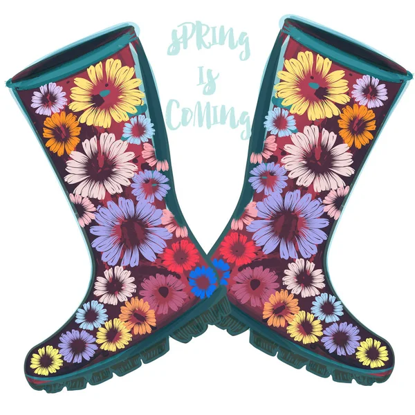 Illustration printemps de mode avec des bottes en caoutchouc vert décorées par — Image vectorielle