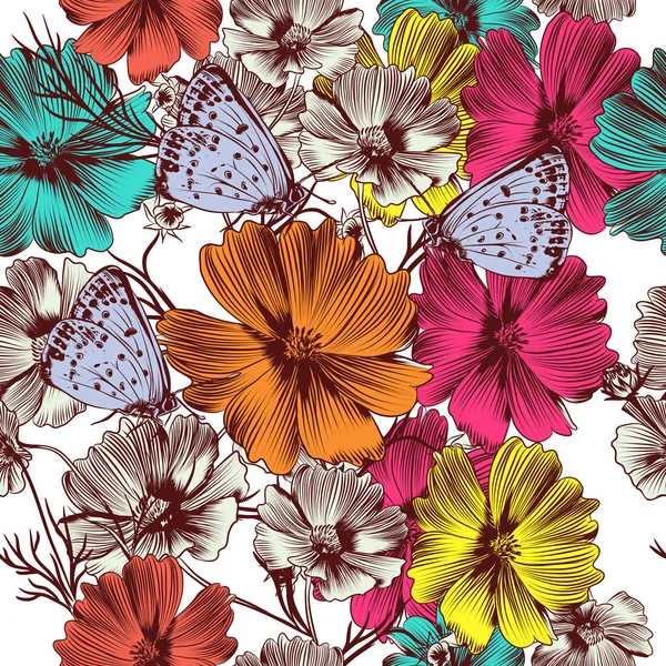 Modèle vectoriel floral avec cosmos rose et papillons bleus — Image vectorielle