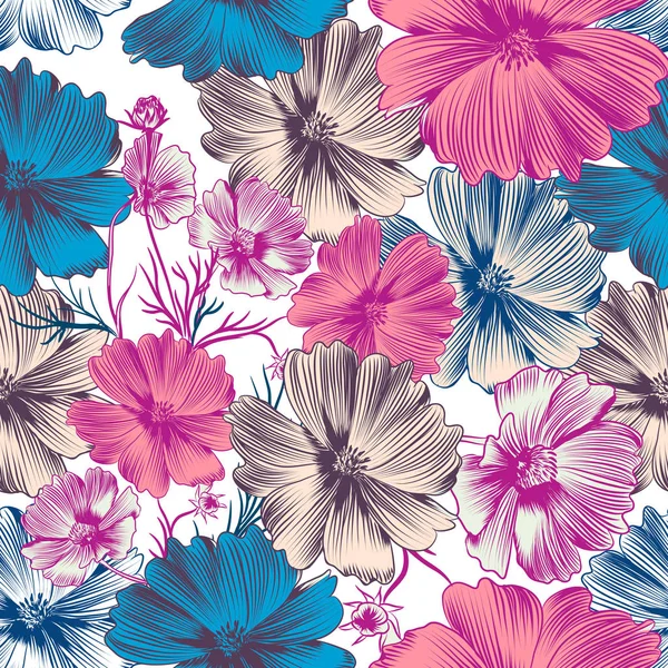 Modèle vectoriel floral avec cosmos rose et fleurs bleues — Image vectorielle
