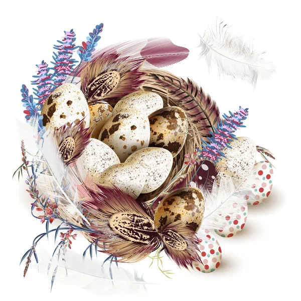 Easter Vector Illustration Realistic Bird Nest Eggs Florals Design — Stock Vector