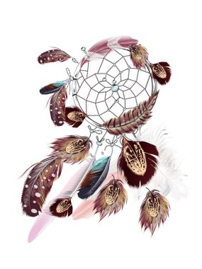 Moda vektör bohem dreamcatcher tüyler ve yaban gülü