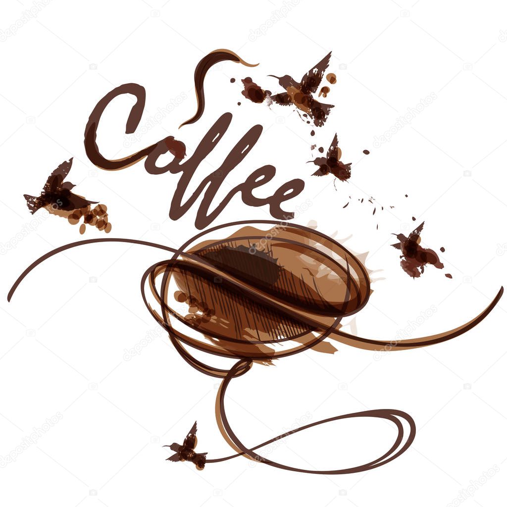 Artistic vector coffee illustration with bean, spots and birds
