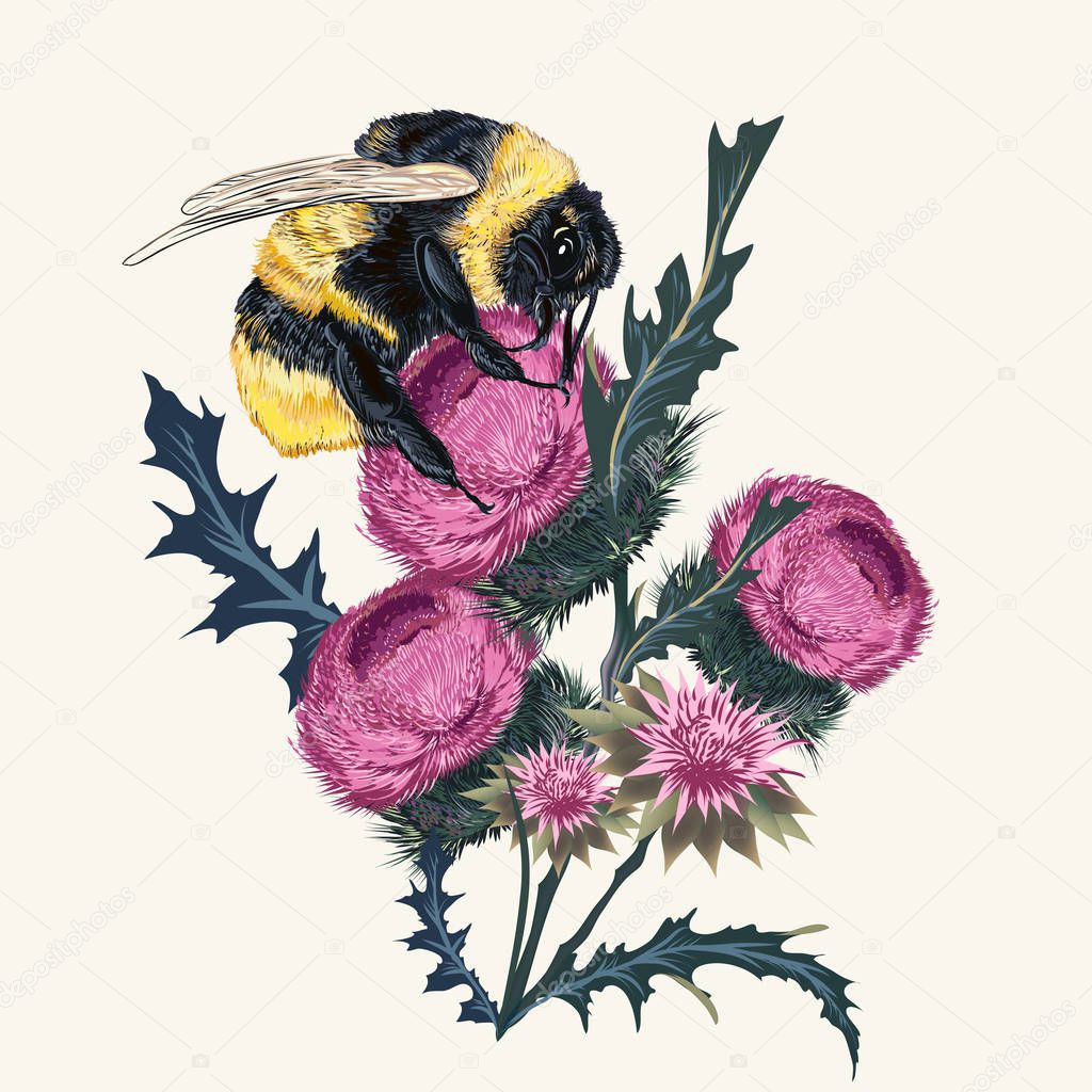 Beautiful botanical fashion illustration with vector bumblebee a