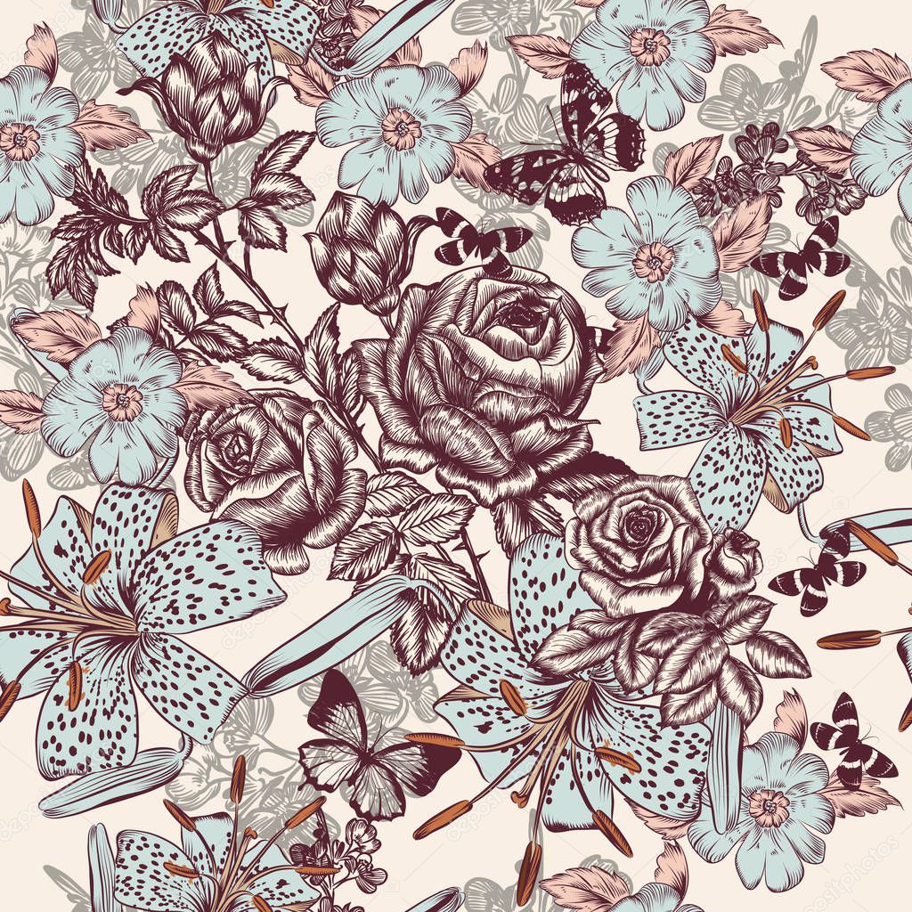 Floral vintage pattern with rose flowers and lily, vector graphi