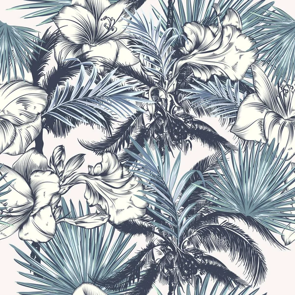 Elegant vektor tropiskt mönster med blommor, palmblad och PA — Stock vektor