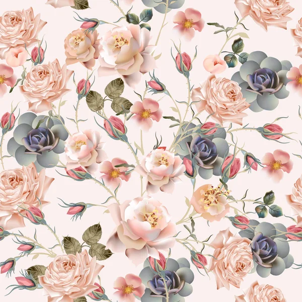 Vackert blommigt vintage mönster med pastellrosa och beige ros — Stock vektor