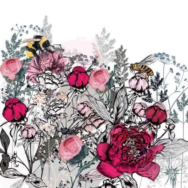 Bella Illustrazione Vettoriale Con Fiori Peonia Erbe Piante Api Stile — Vettoriale Stock