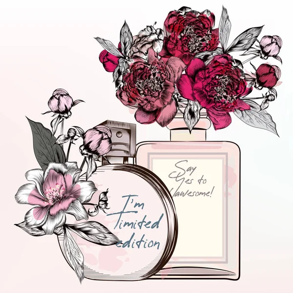 Illustration Mode Avec Flacons Parfum Roses Fleurs Pivoines Dans Style — Image vectorielle