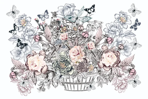 Belle Composition Florale Vectorielle Dessinée Main Avec Des Roses Pivoine — Image vectorielle