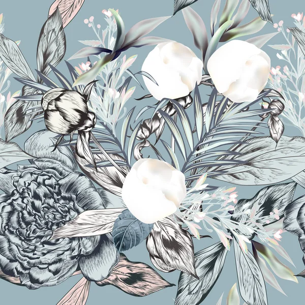 Motif Textile Vectoriel Sans Couture Avec Des Fleurs Pivoine Blanche — Image vectorielle