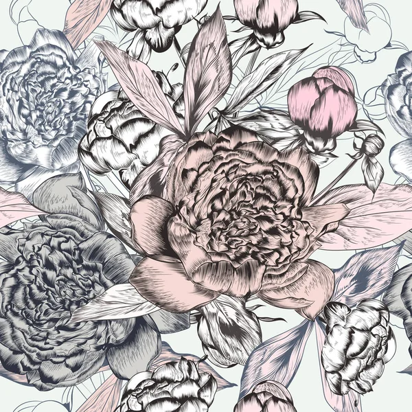 Motif Sans Couture Vectoriel Mode Avec Des Fleurs Pivoines Dessinées — Image vectorielle