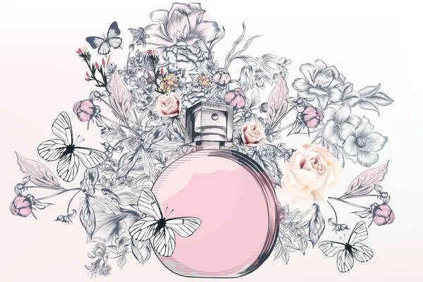 Εικονογράφηση Μόδας Μπουκάλι Άρωμα Πεταλούδες Και Τριαντάφυλλο Λουλούδια — Διανυσματικό Αρχείο