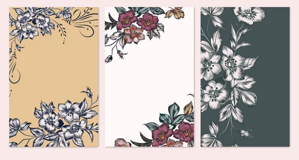 Kartenset Mit Eleganten Blüten Blättern Wedding Vintage Konzept Florales Plakat — Stockvektor
