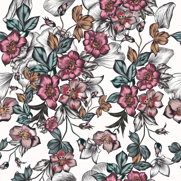 Motif Floral Sans Couture Avec Des Fleurs Dans Style Vintage — Image vectorielle