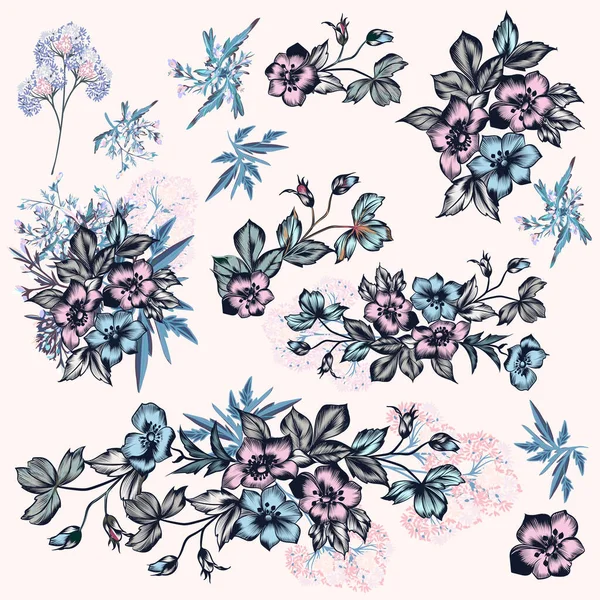 Collection Fleurs Vectorielles Dessinées Main Dans Style Vintage — Image vectorielle